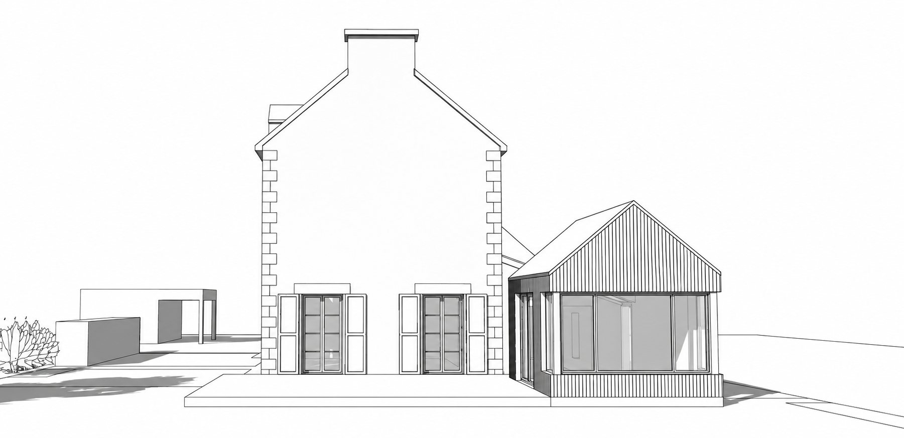 Dessin d’architecte en élévation d’une maison en pierre prolongée par une extension vitrée.