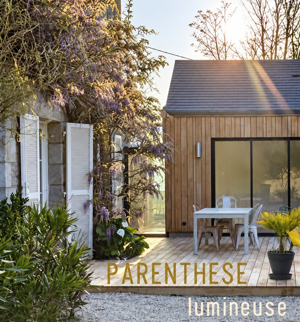 Extension contemporaine en bois, avec sa terrasse, accolée à une maison en pierre.