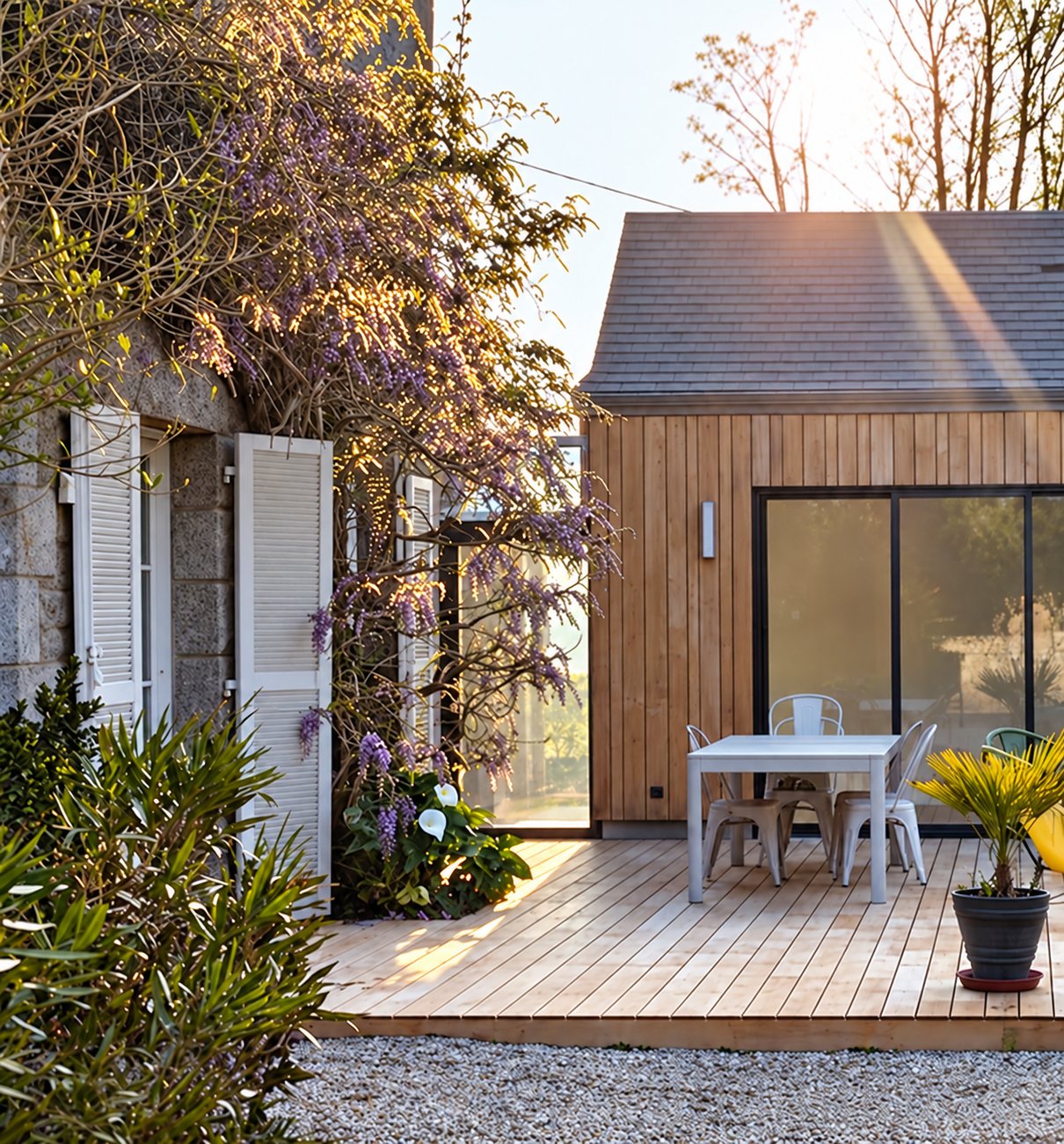 Extension en bardage bois avec baie vitrée et terrasse en bois, à côté d’une maison en pierre ornée de glycine.
