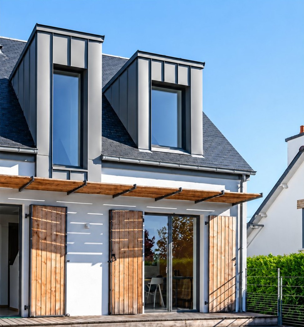 Maison rénovée aux lucarnes en zinc, avec volets en bois coulissants et pergola en bois.