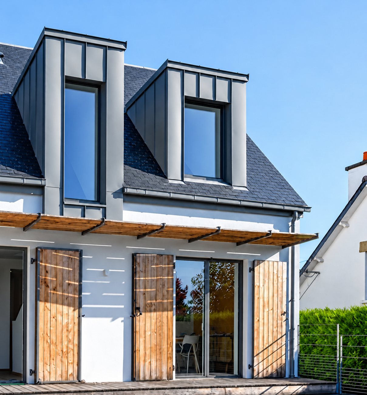 Façade d’une maison rénovée avec deux lucarnes habillées de zinc gris, des volets en bois coulissants et une grande baie vitrée sous un ciel bleu.